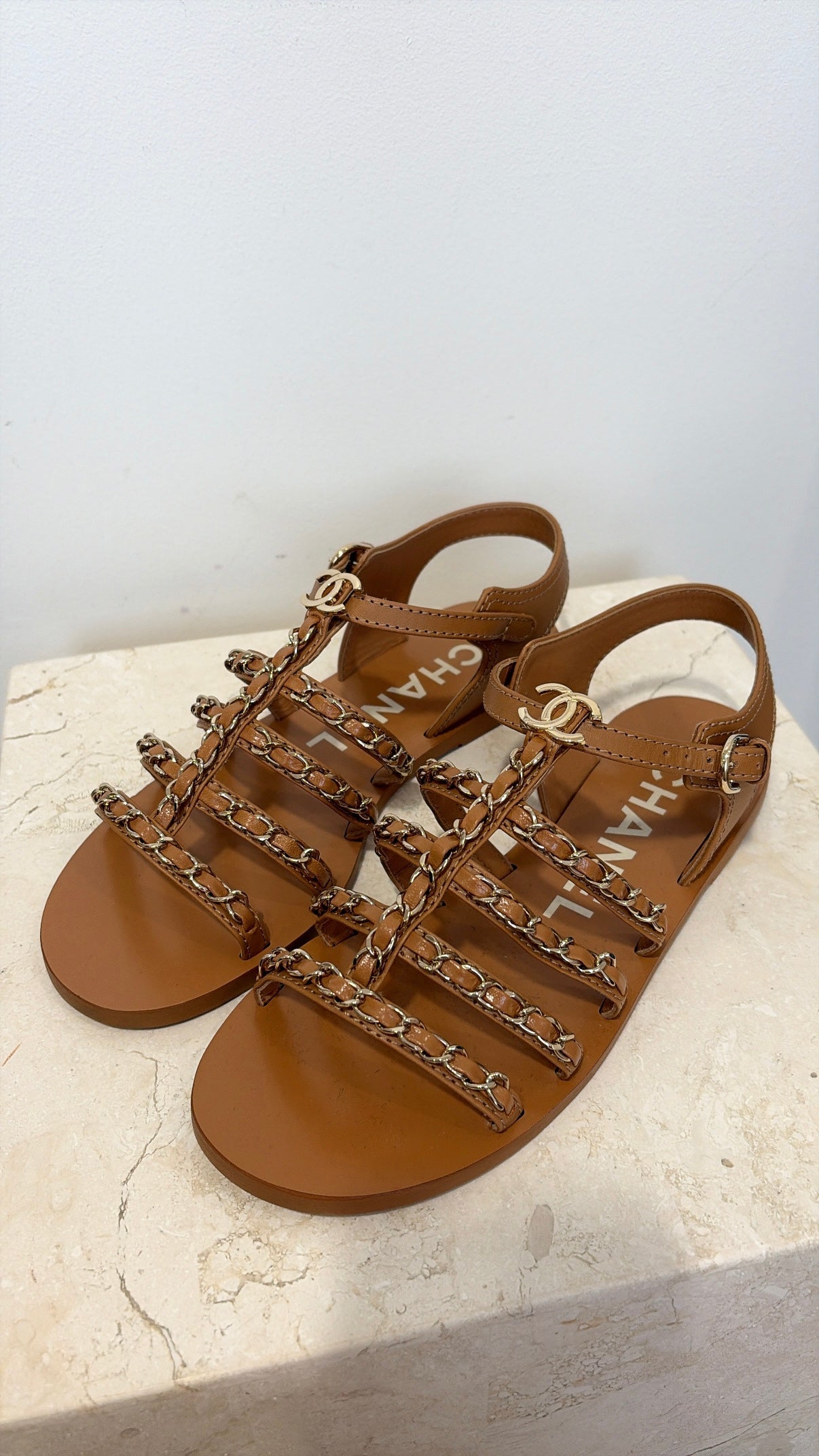 Chanel Tan Leather Chain Sandals, 37 C