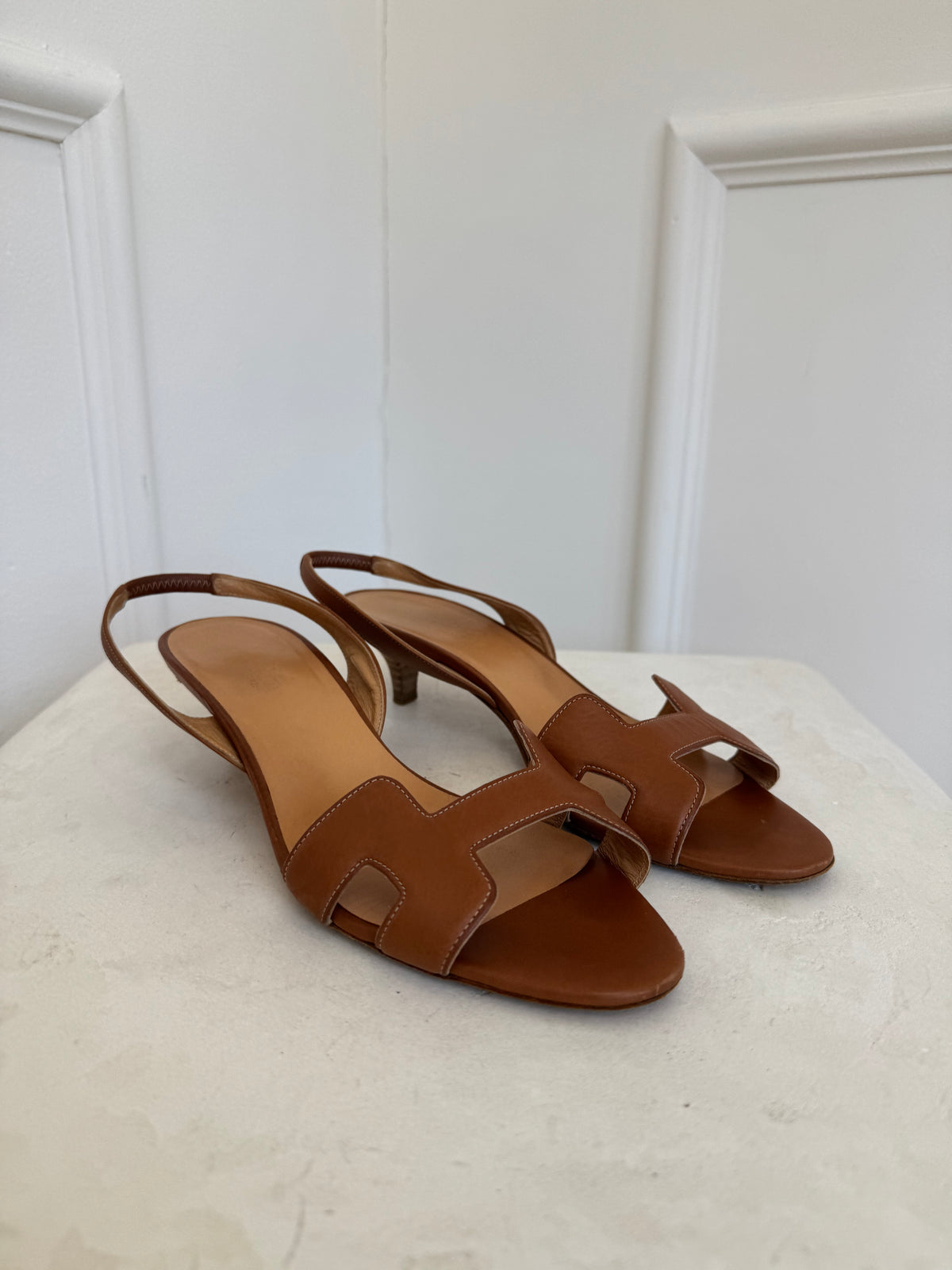 Hermès Tan H Slingback Kitten Heel Sandals, 38