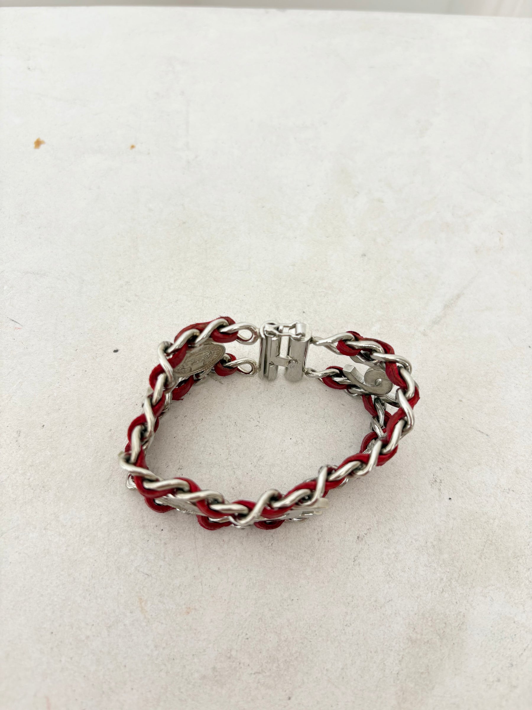Chanel Red Leather and Silver Logo Chain Bracelet