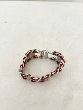 Chanel Red Leather and Silver Logo Chain Bracelet