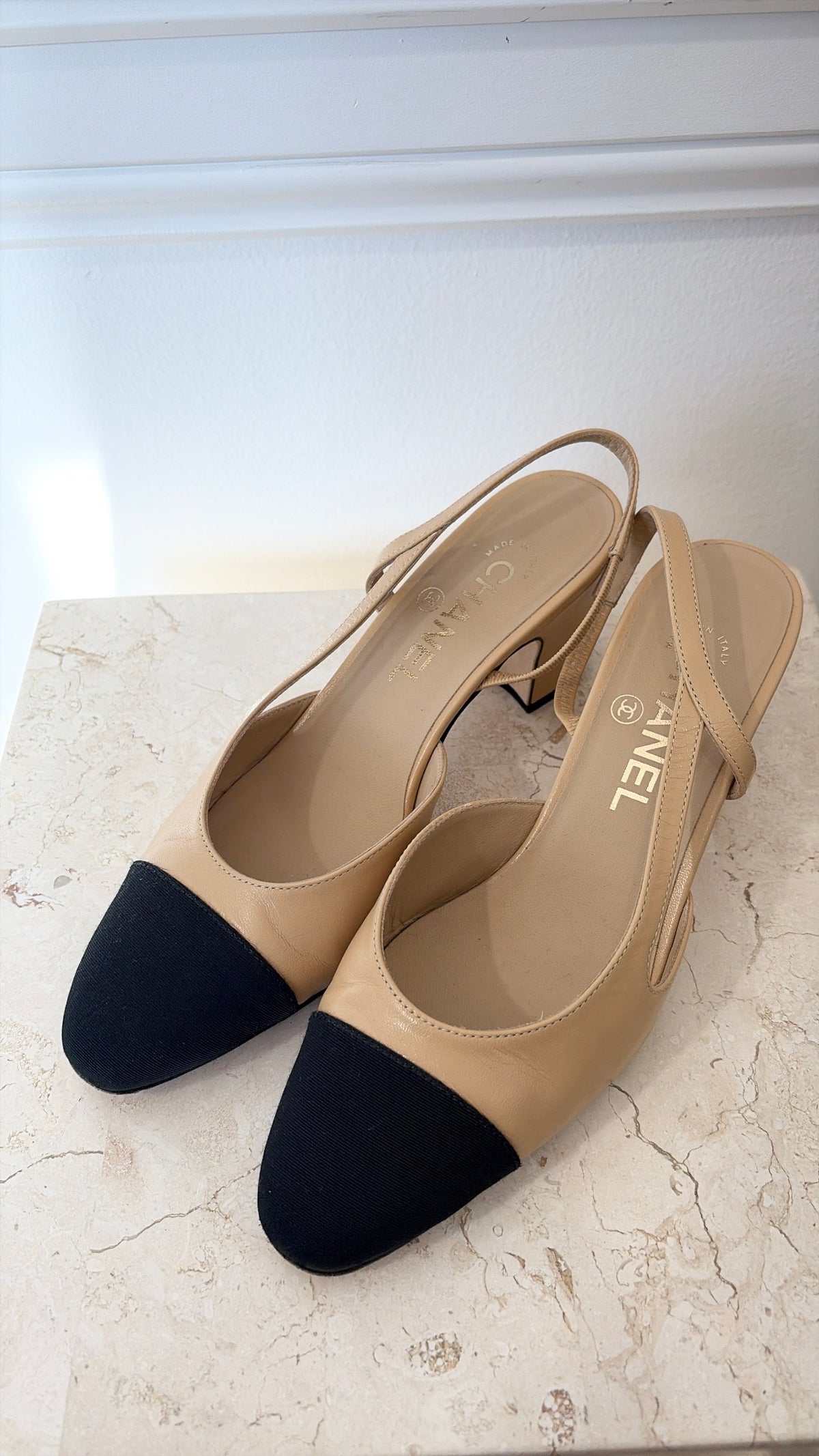 Chanel Black And Beige Sling Back Pumps, 37 C