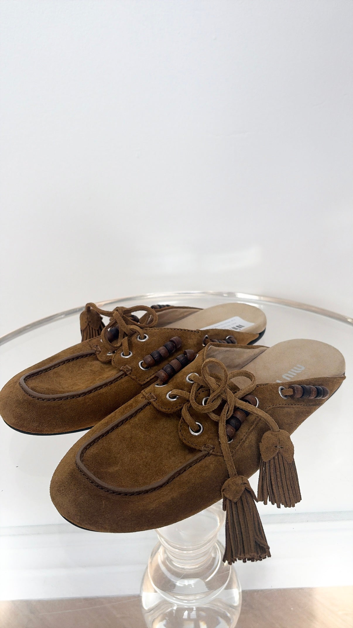 Miu Miu Tan Khaki Suede Beaded Deck Mules, 37.5