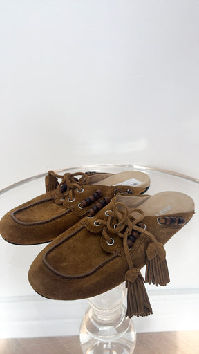 Miu Miu Tan Khaki Suede Beaded Deck Mules, 37.5