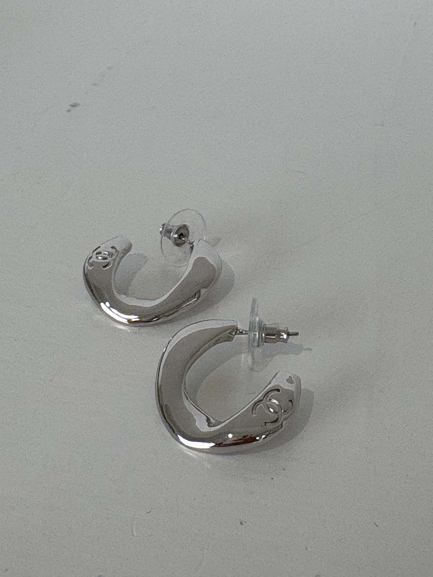 Chanel Silver Link Logo Hoop Earrings