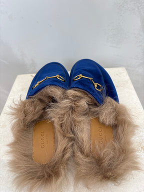 Gucci Blue Suede Shearling Princetown Slippers, 39