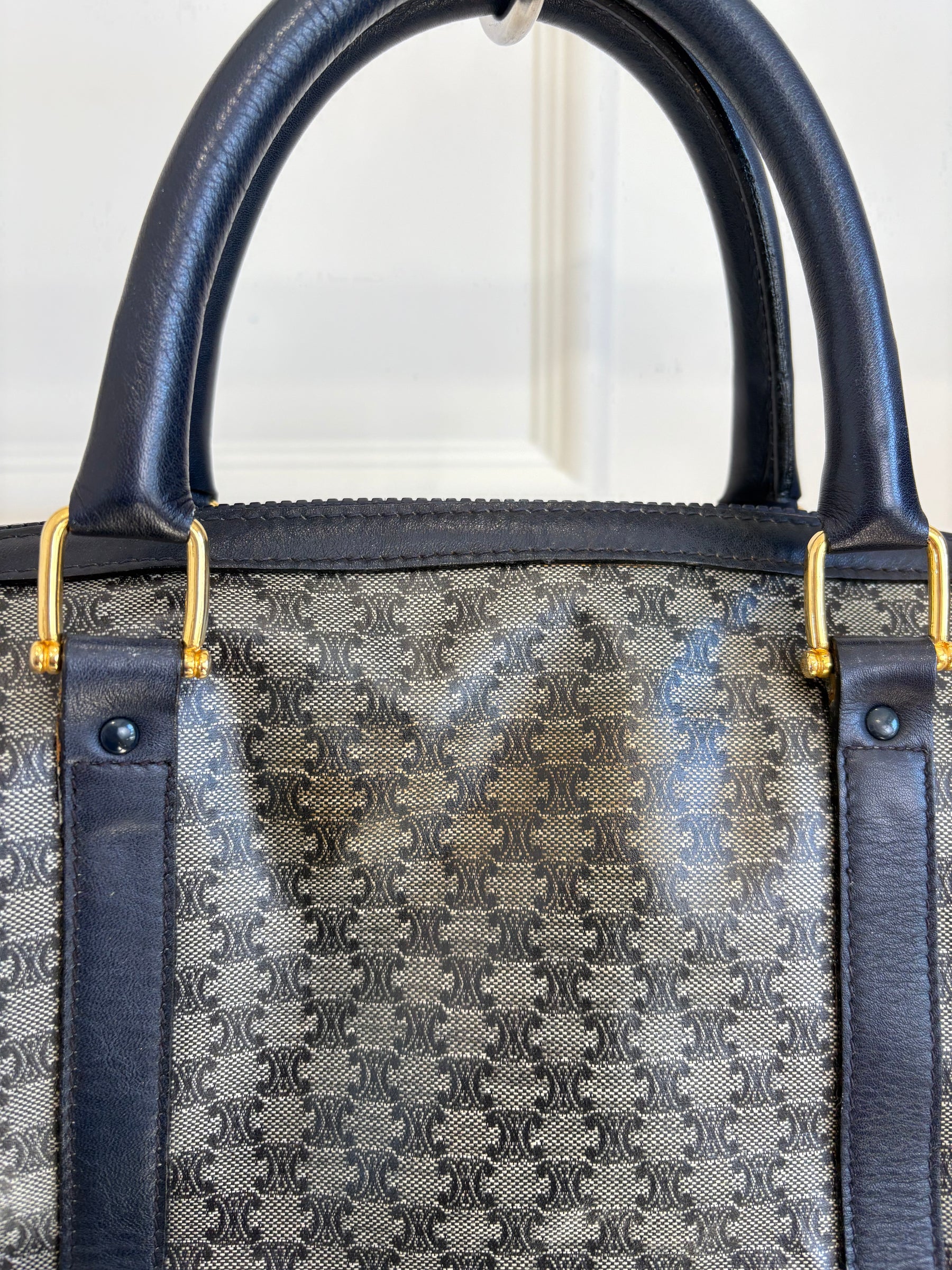 Celine Navy Coated Canvas Triomphe Boston Bag