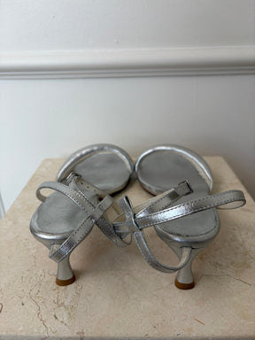 Tibi Silver Padded Leather Strappy Kitten Heel, 38