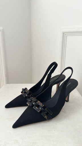Scanlan Theodore Black Fabric Chain Detail Slingback Pump, 38