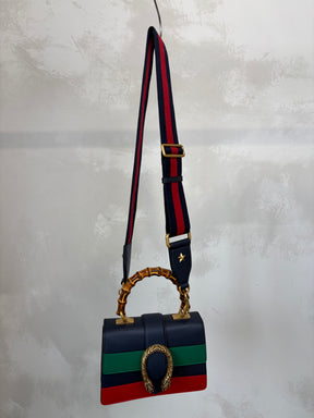 Gucci Navy Green and Red Leather Bamboo Top Handle Dionysus Bag