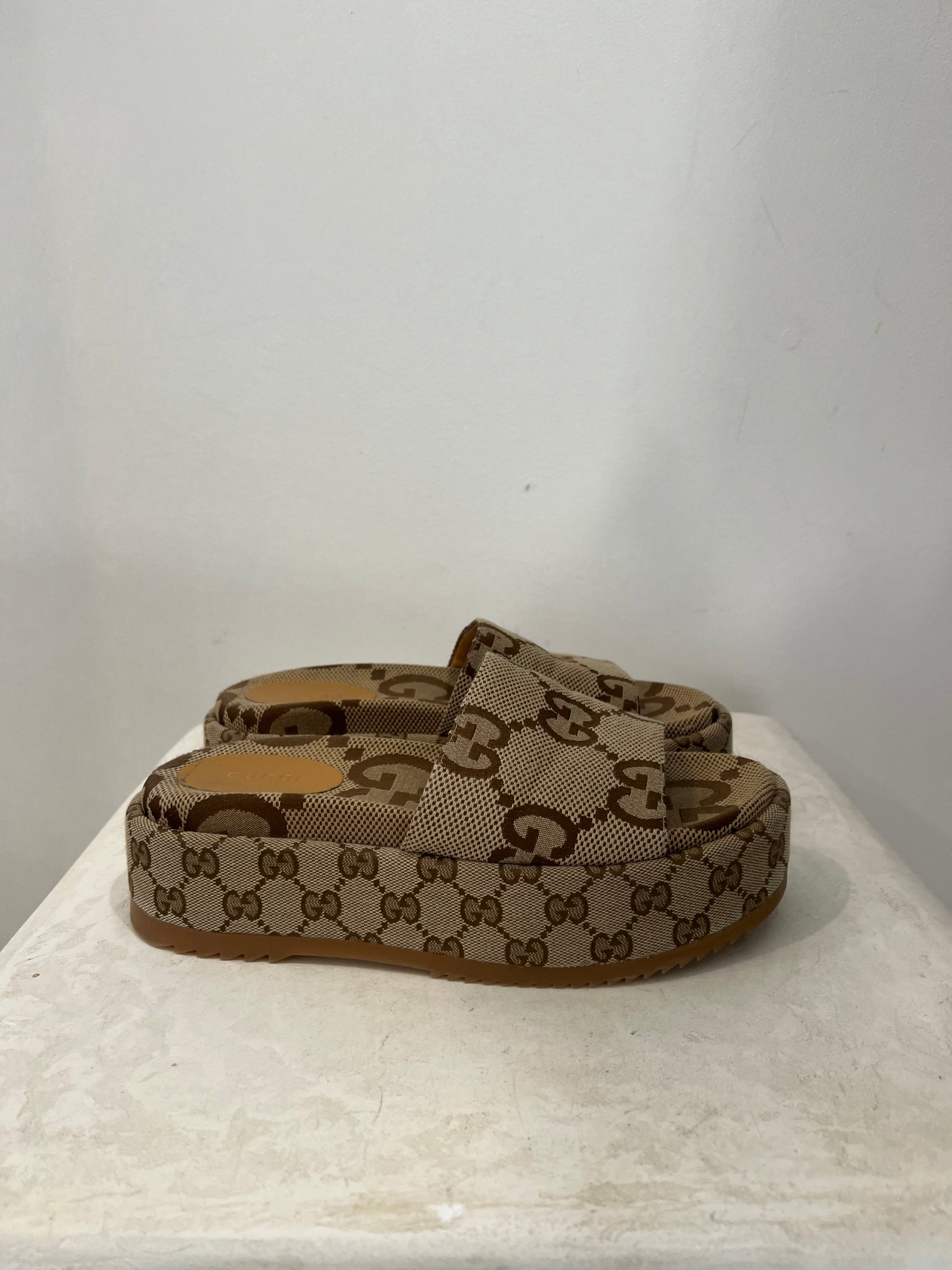 Gucci Canvas Monogram Platform Slides, 37.5