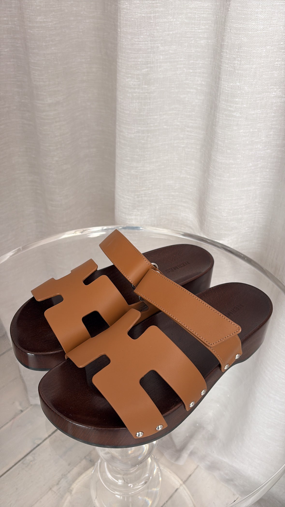 Hermès 'Naturel' Leather Wooden Kos Clogs, 40