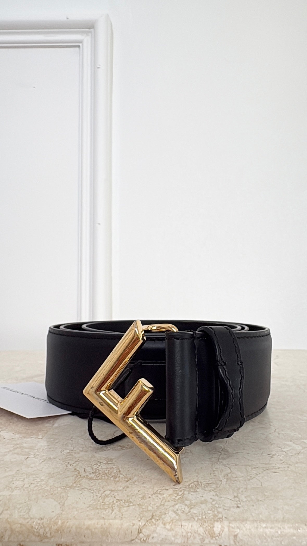 Fendi Black Leather Gold Logo Belt, 85