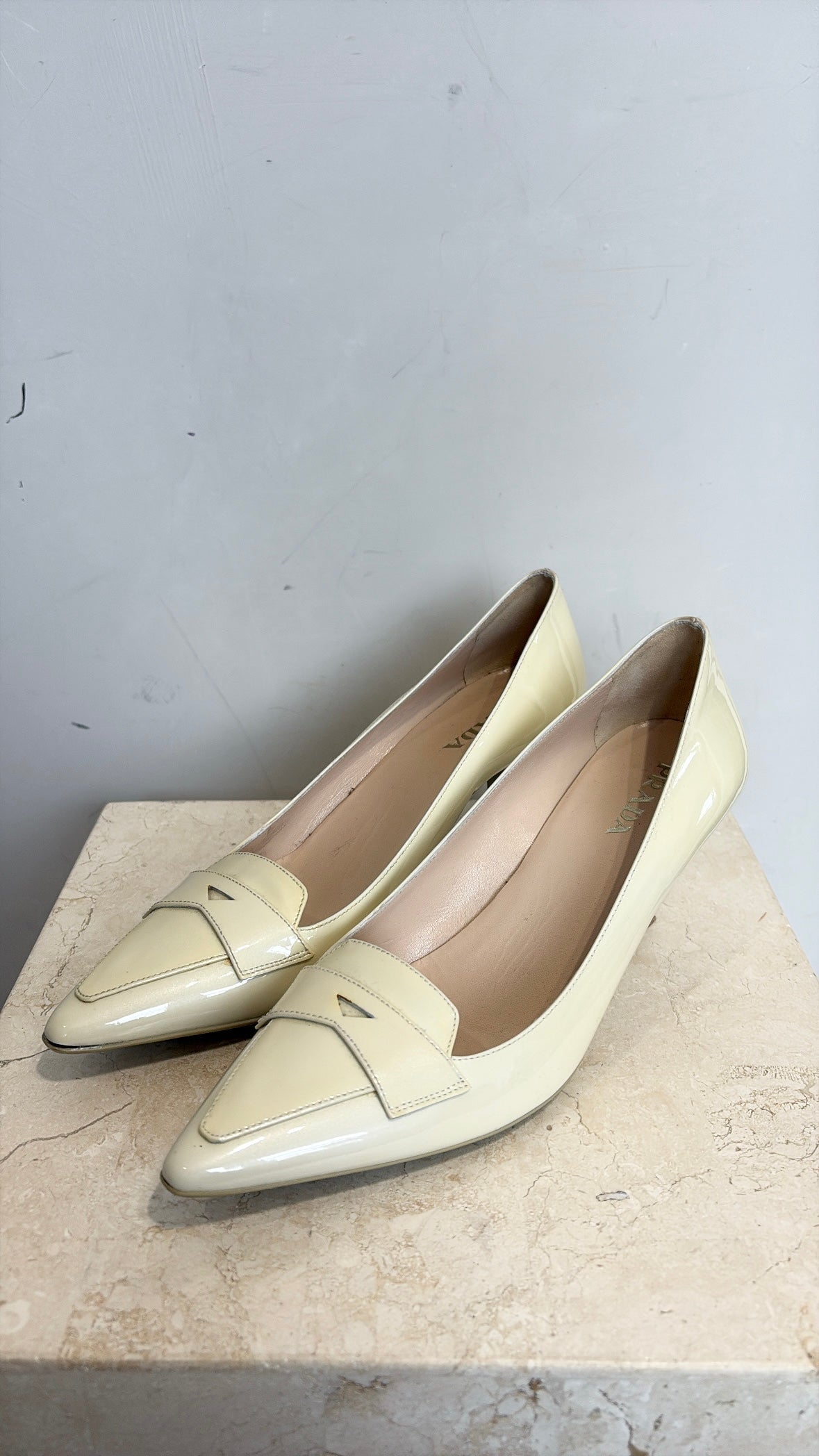 Prada Cream Patent Pointed Loafer Pump, 38