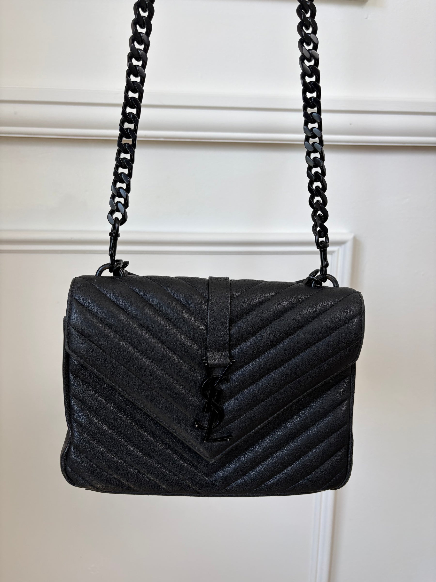 Saint Laurent Small Black Chevron Quilted College Bag Black HW