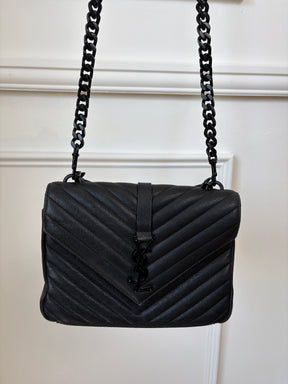 Saint Laurent Small Black Chevron Quilted College Bag Black HW
