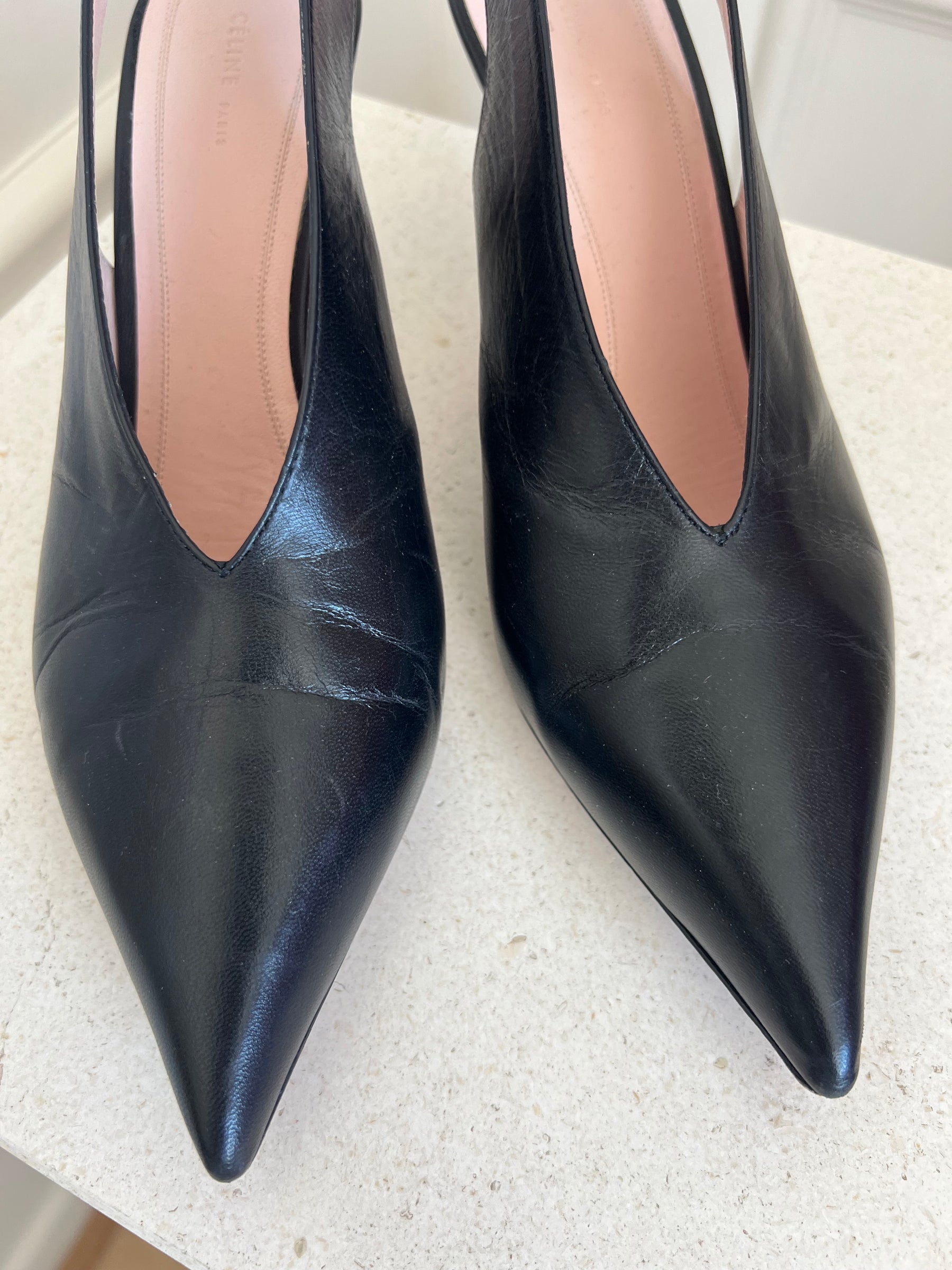 Celine Black Leather Pointed Slingback Pumps, 39