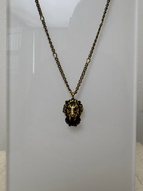 Gucci Gold Tone Lion Pendant Necklace with Purple Stone