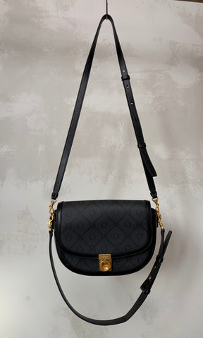 Oroton Black and Charcoal Monogram half Moon Flap Bag