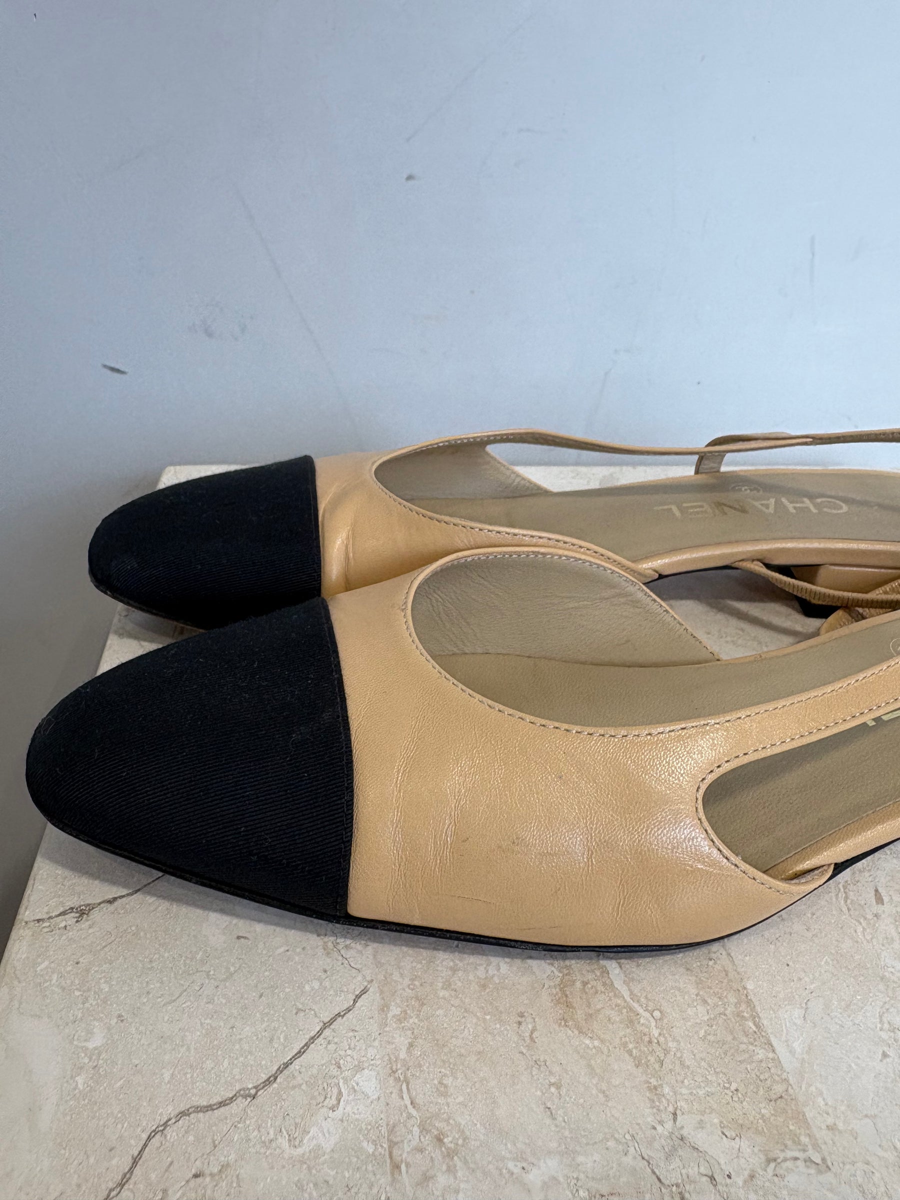 CHANEL Beige Sling Back With Black Toe, 37.5C