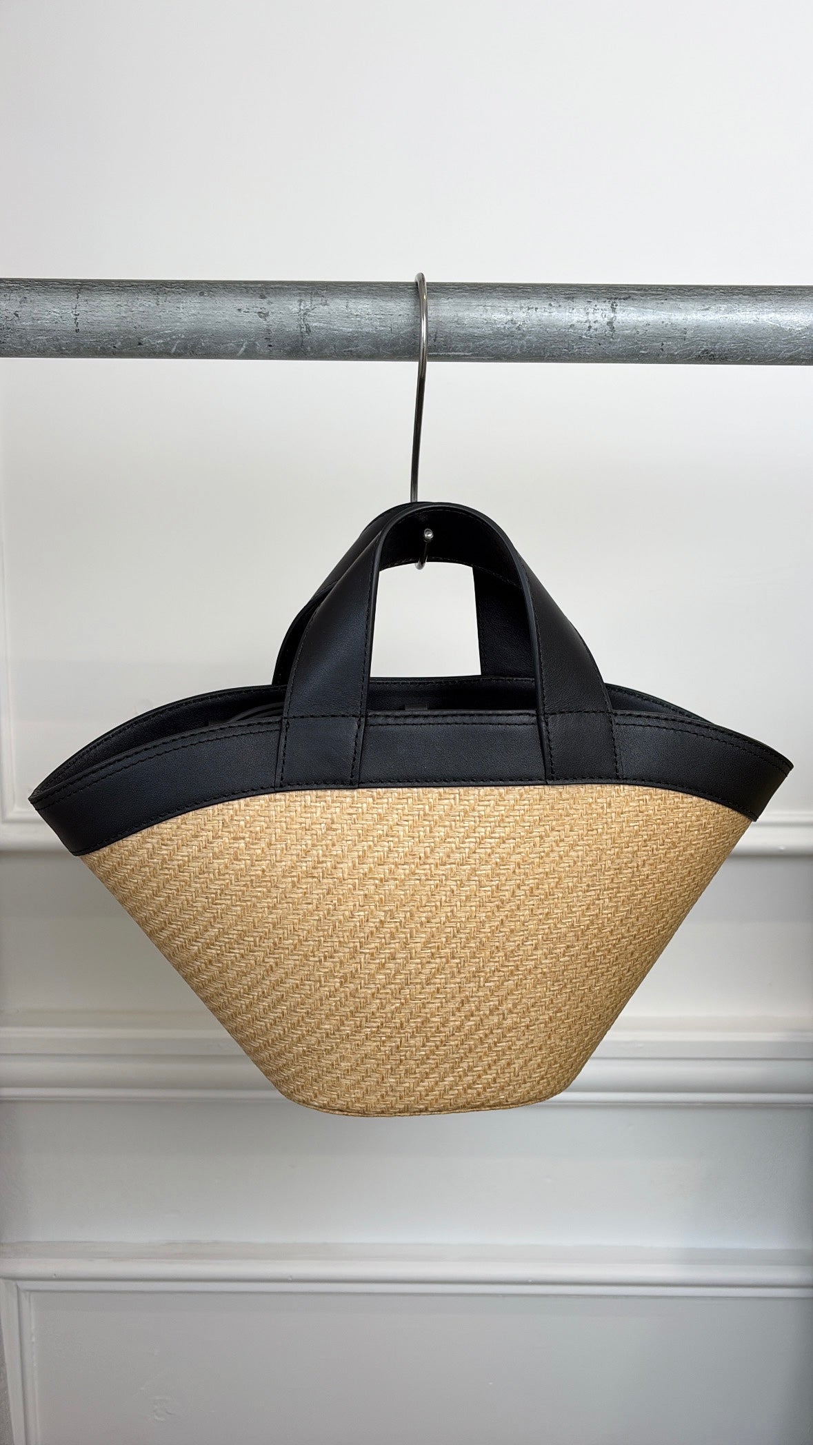 Scanlan Theodore Black Leather and Raffia Mini Trapeze Bag