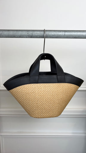 Scanlan Theodore Black Leather and Raffia Mini Trapeze Bag