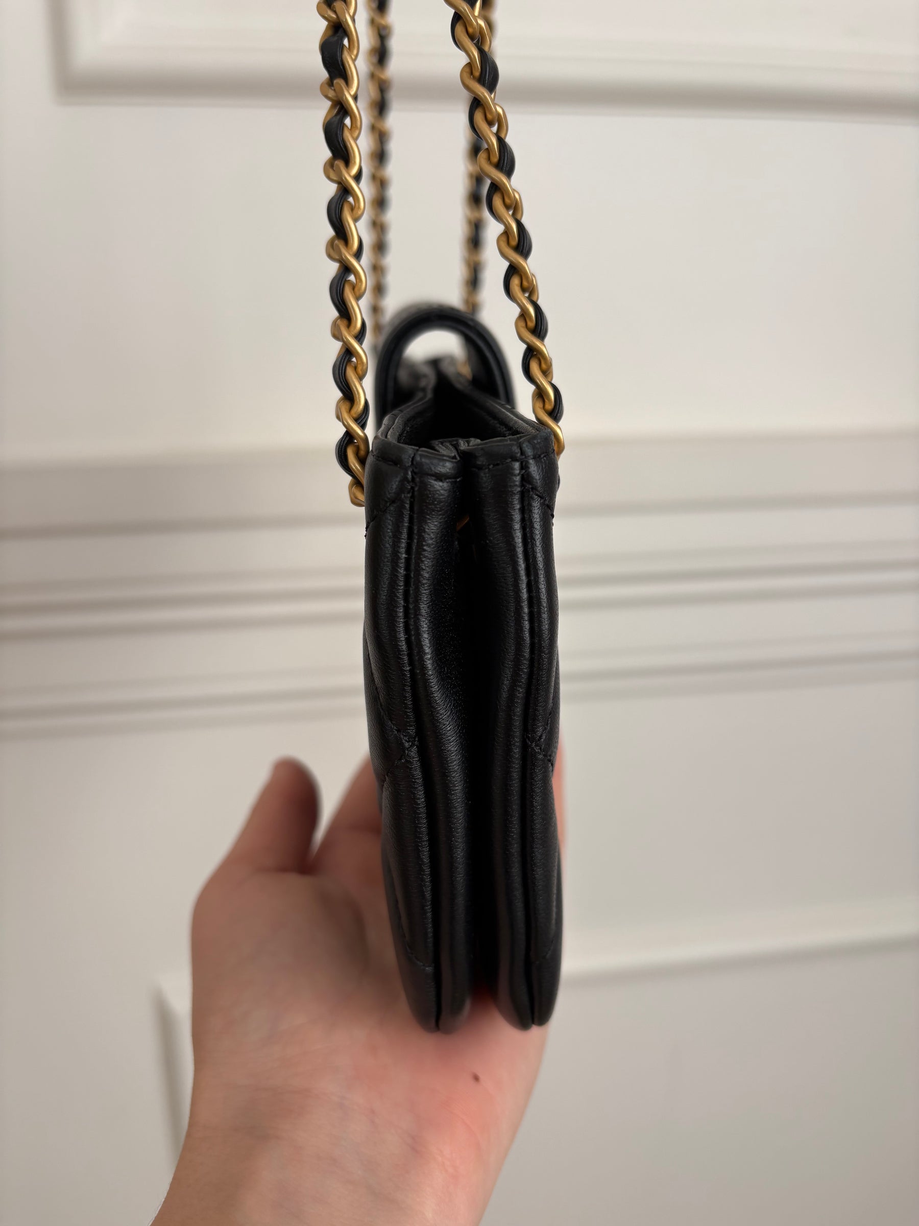 Chanel Black Leather Logo Clutch with Chain