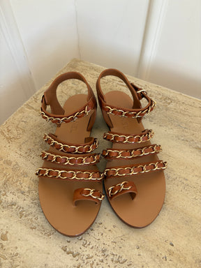 Chanel Tan leather and Gold Chain Sandals, 40C