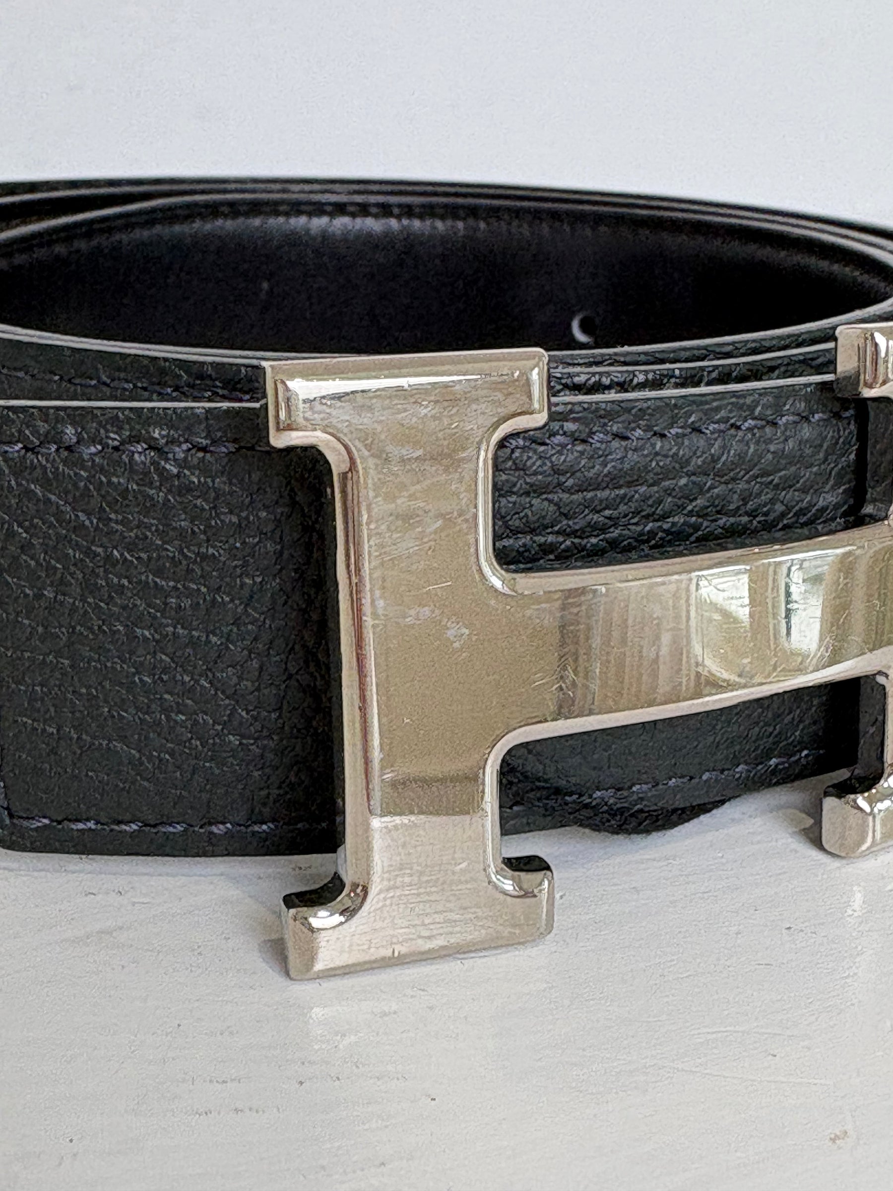 Hermès Black Reversible Leather Silver H Belt, 90