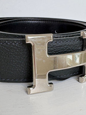 Hermès Black Reversible Leather Silver H Belt, 90