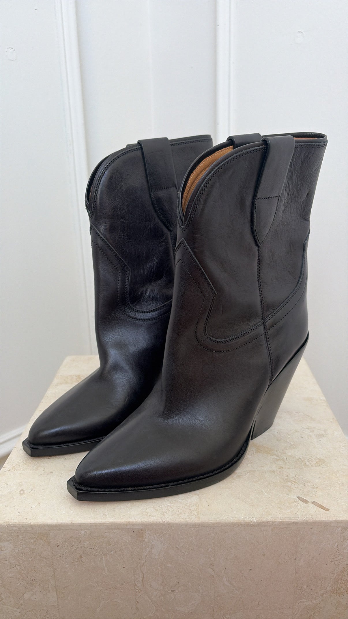 Isabel Marant Black Leather Western Ankle Boots, 38