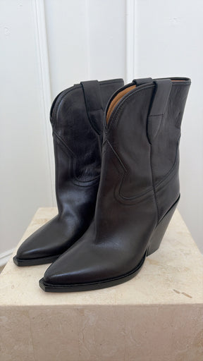 Isabel Marant Black Leather Western Ankle Boots, 38