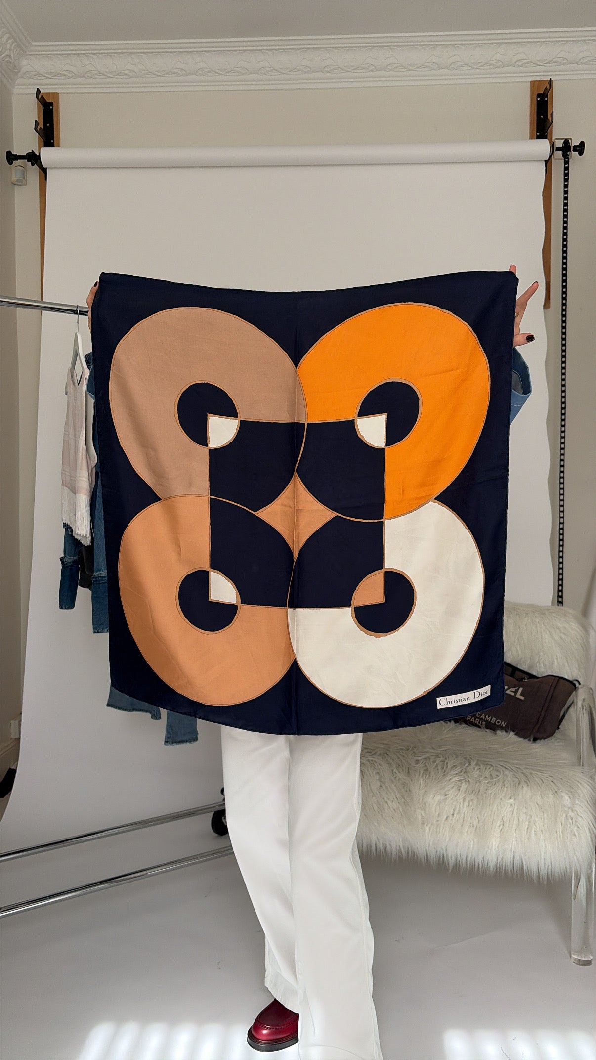 Dior Navy, Beige and Orange Printed Silk Scarf