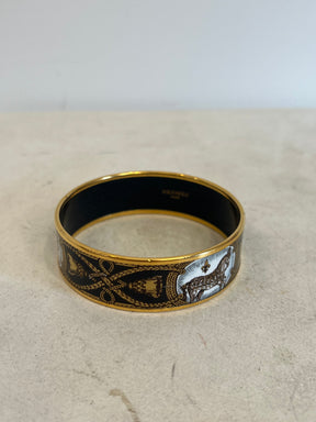 Hermès Gold Tone and Black Enamel Thick Bangle