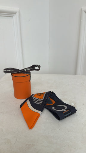 Hermès 100% Silk Navy And Orange Printed Twilly