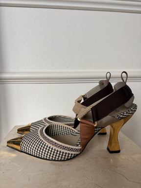 Fendi Brown and White Gingham Colibri Heels, 38