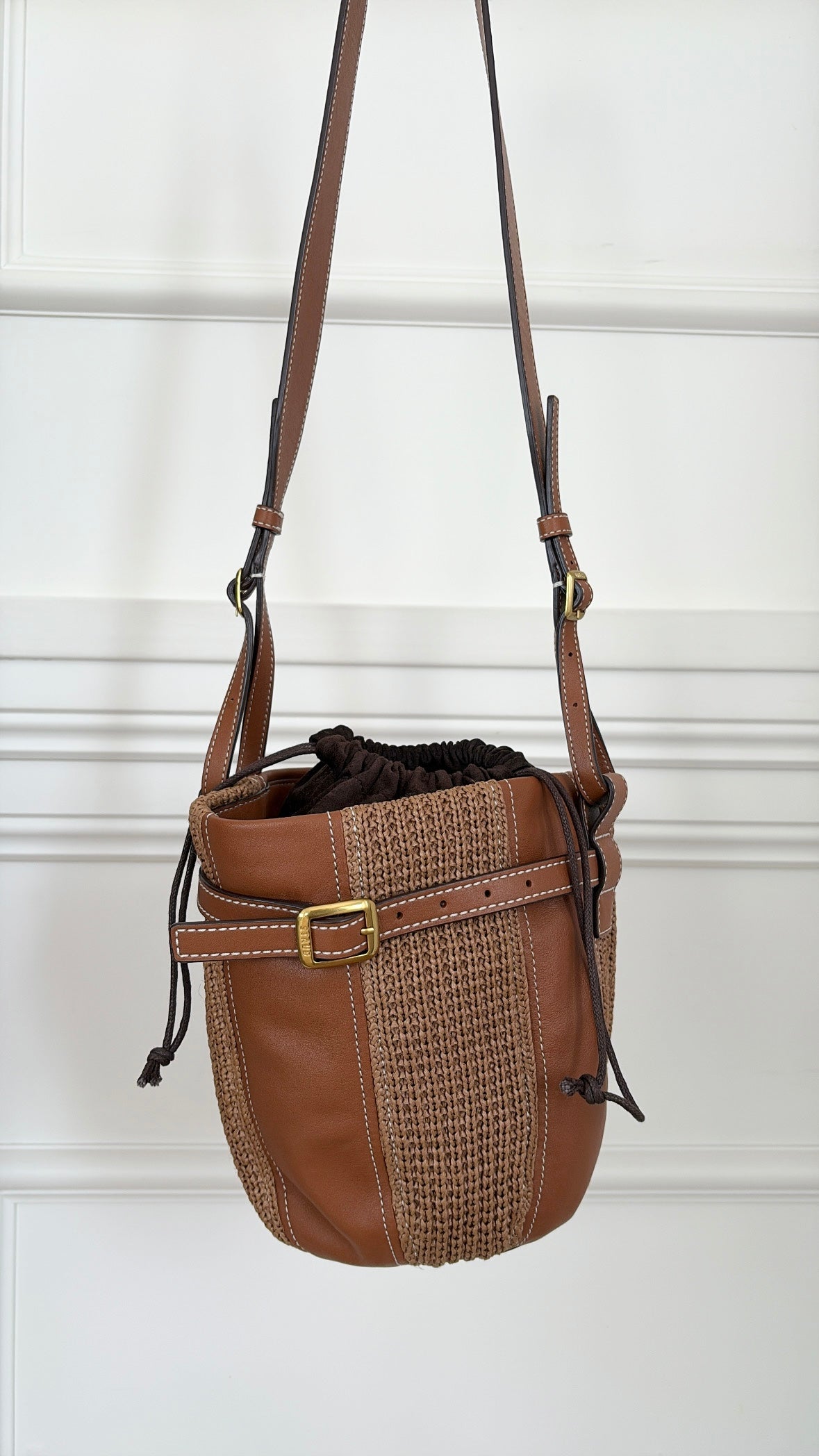 STAUD Tan Leather and Raffia Bucket Shoulder Bag