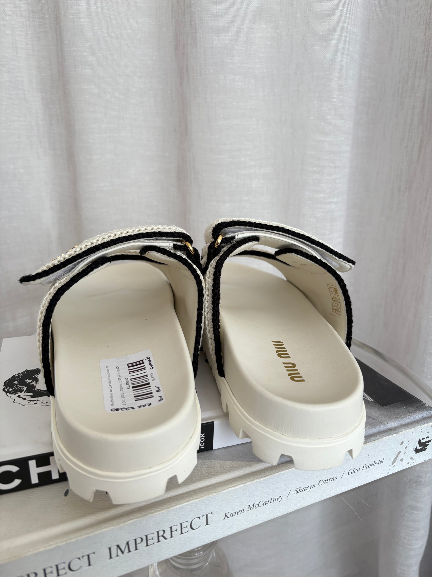 Miu Miu White and Black Knit Logo Slides, 41