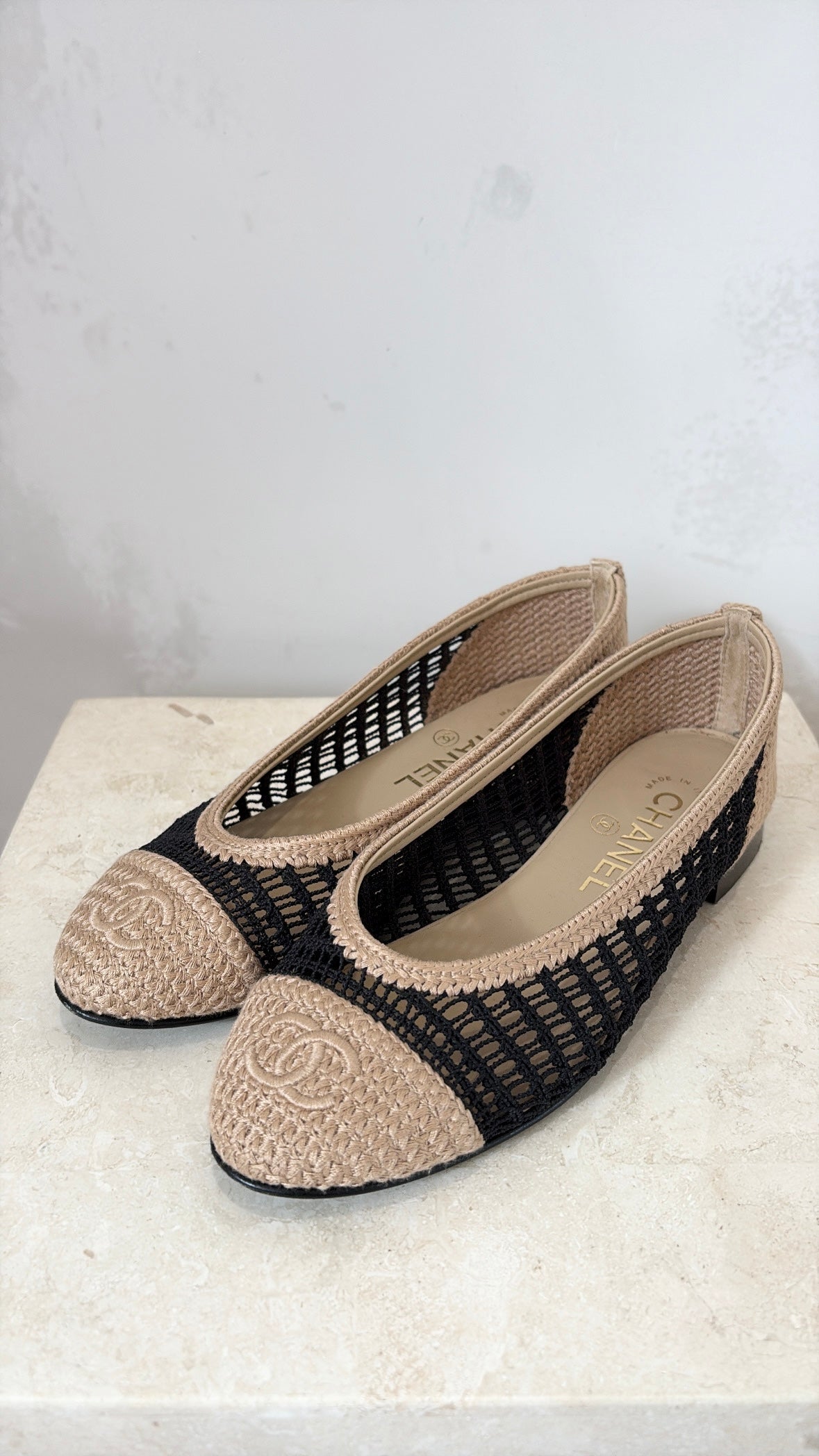 Chanel Black and Beige Crochet Ballet Flats, 35.5 C