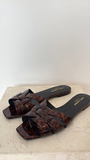 YSL Tribute Slip-On Sandals In Tortoise Shell, 38.5
