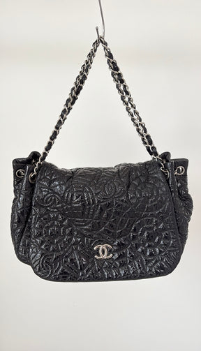 Chanel Black Coated Quilted Hobo Flap Bag