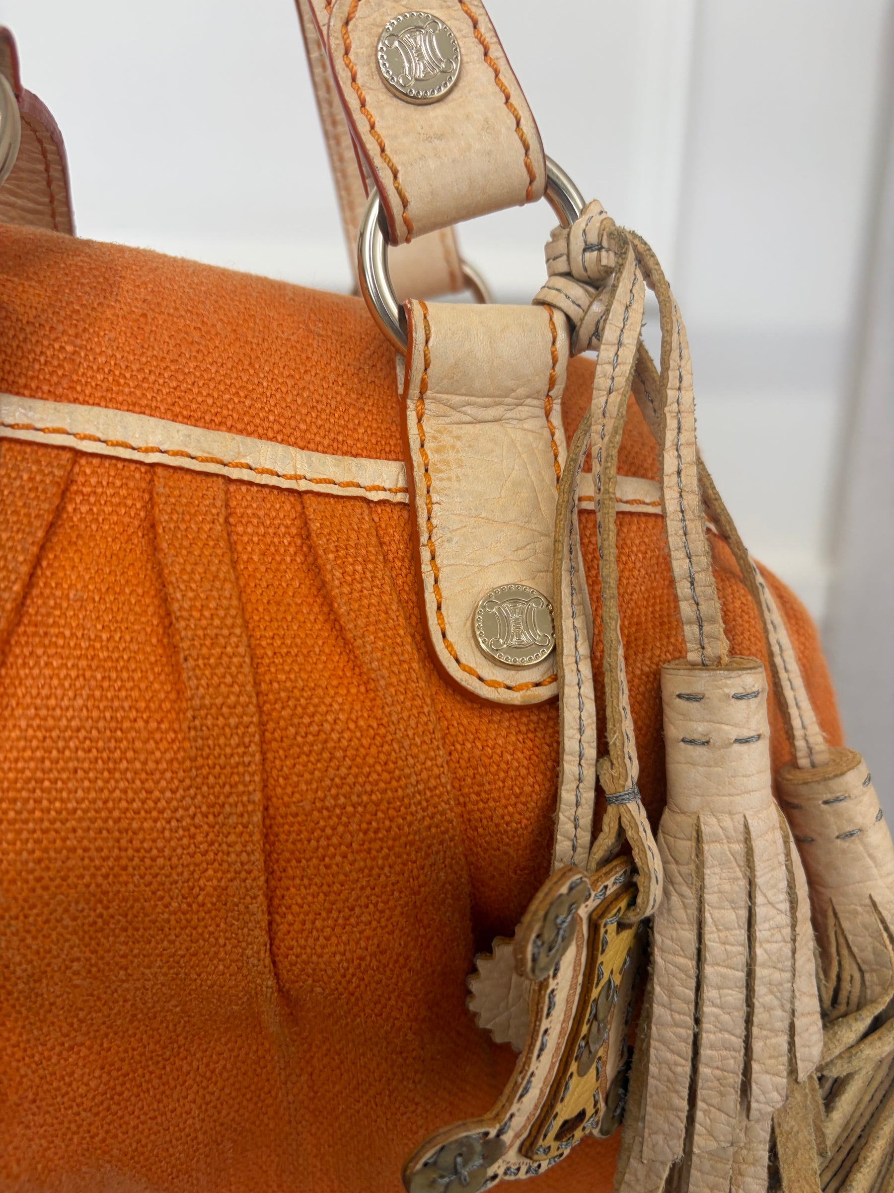 Celine Orange Canvas and Cream Leather Shoulder Bag