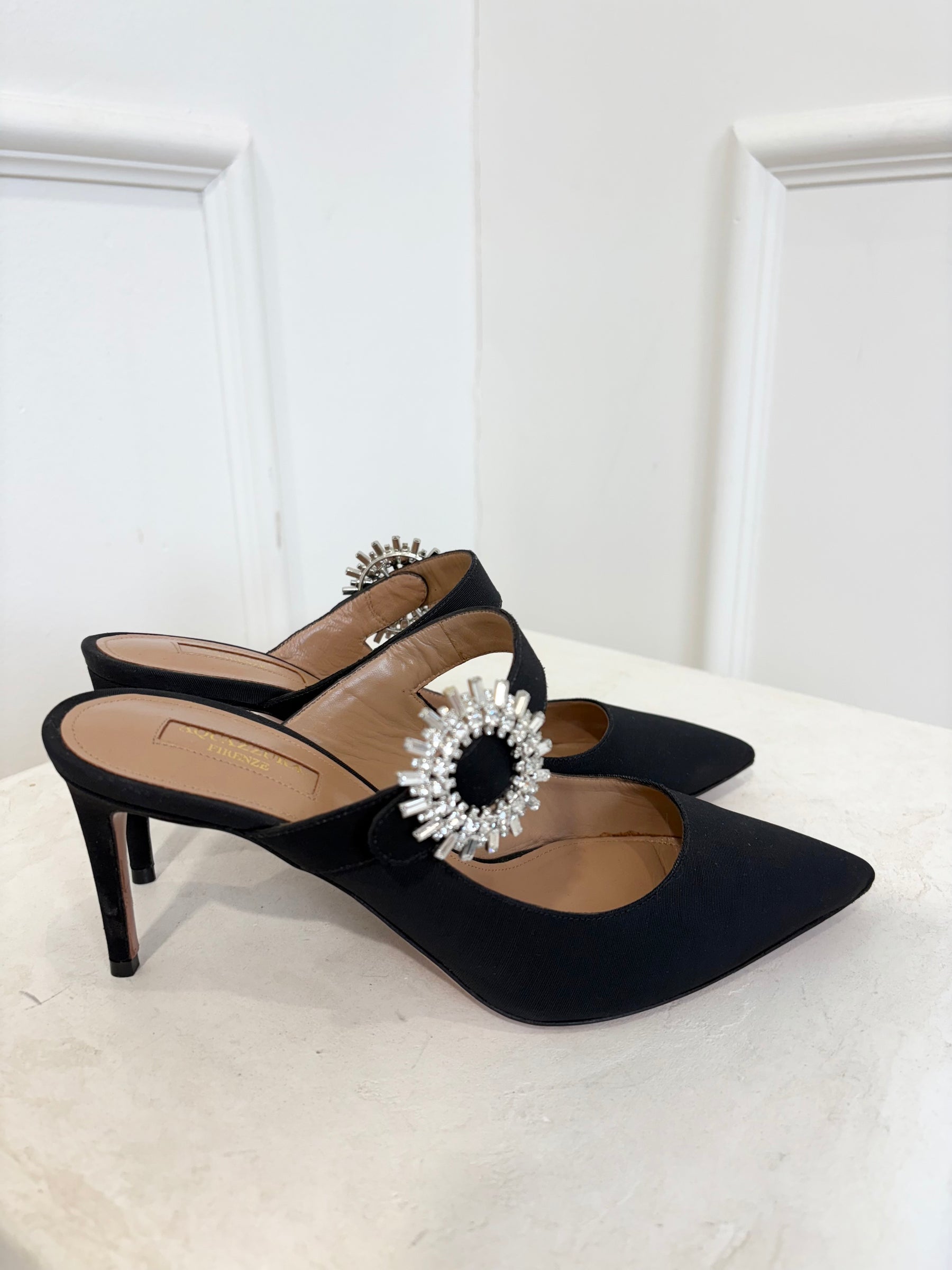 Aquazzura Crystal Blossom Mule 75 Black, 39