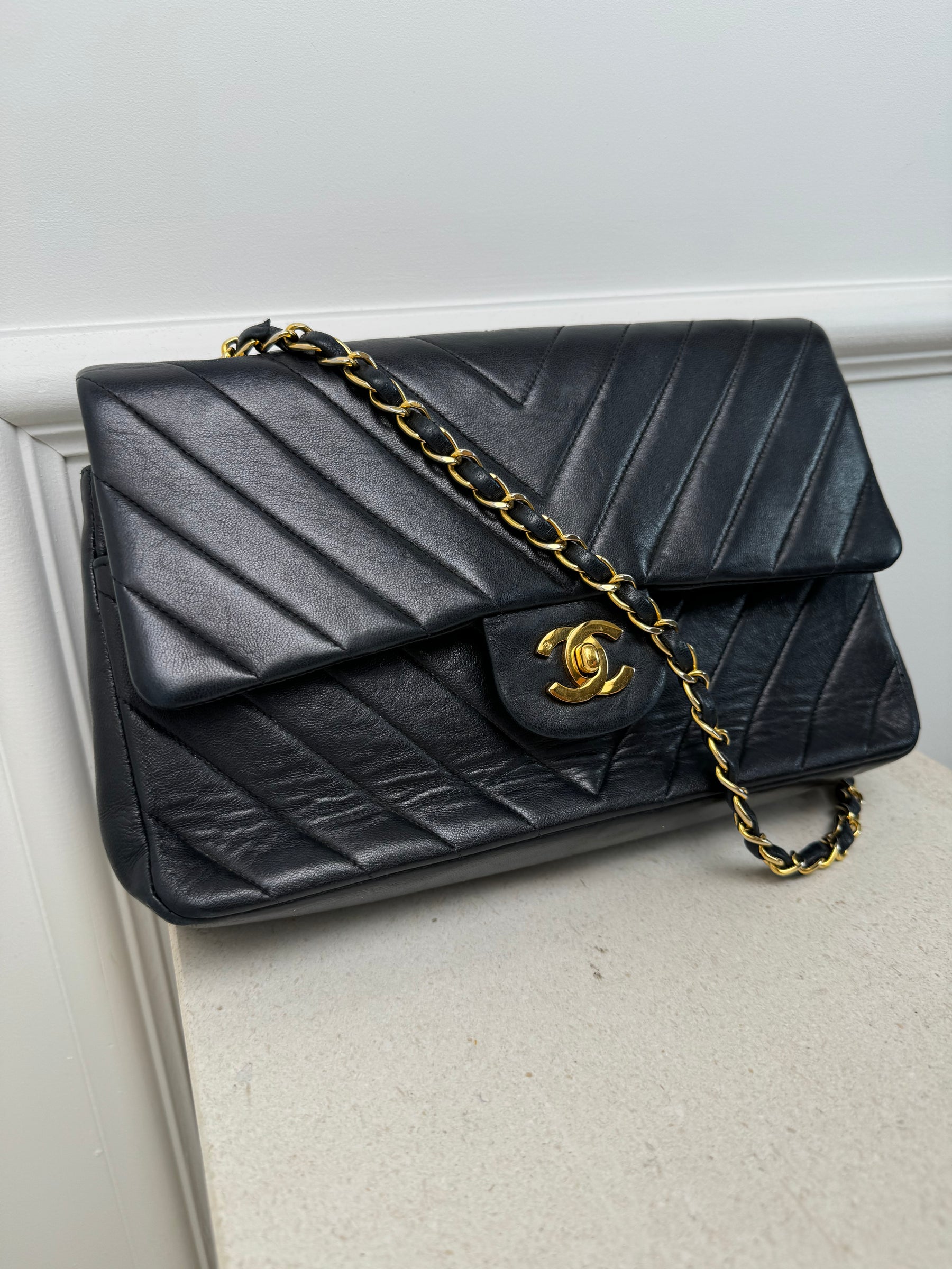 Chanel Black Chevron Leather Small Classic Flap