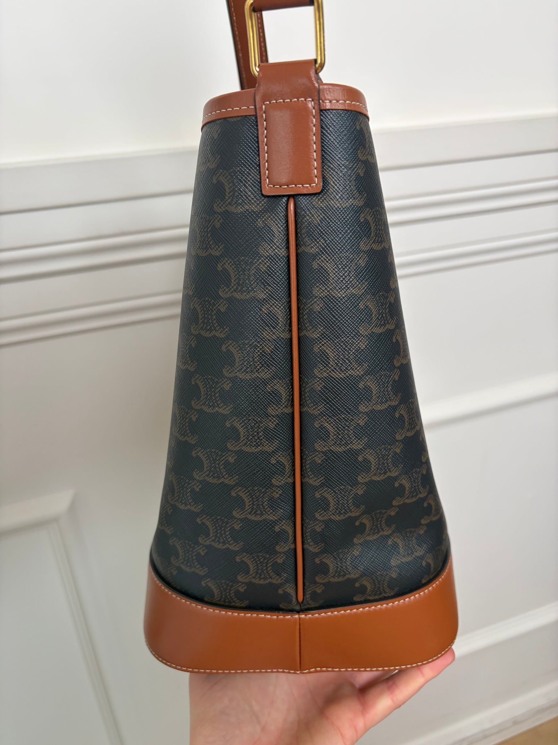 Celine Medium Bucket Bag in Triomphe Canvas and Tan Calfskin