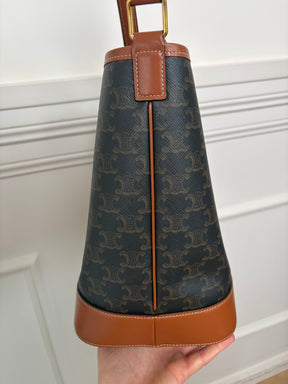 Celine Medium Bucket Bag in Triomphe Canvas and Tan Calfskin