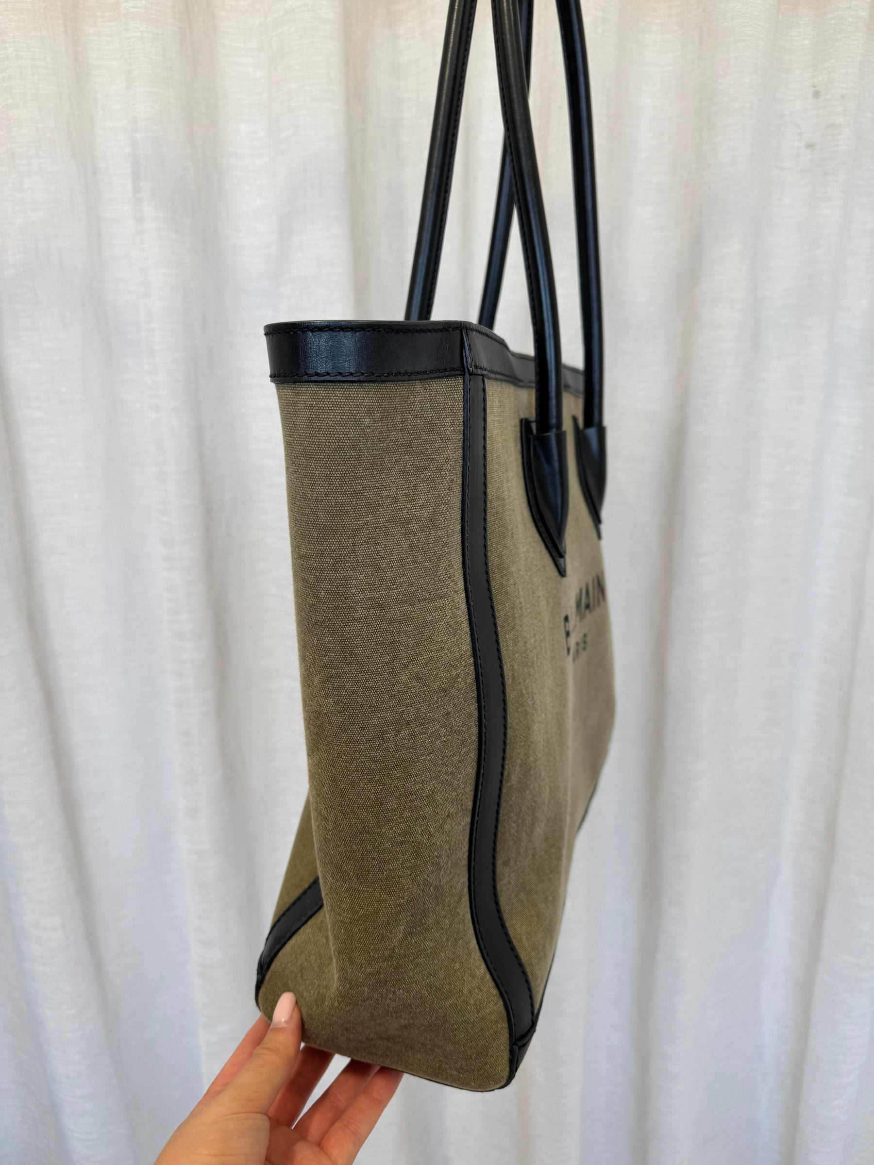 Balmain Khaki Canvas and Black Leather Logo Tote