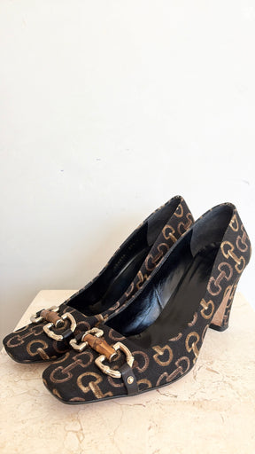 Gucci Black Horsebit Printed Canvas Square Toe Pumps, 39.5C