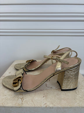 Gucci Gold Crinkled Leather Marmont Block Heels, 38.5