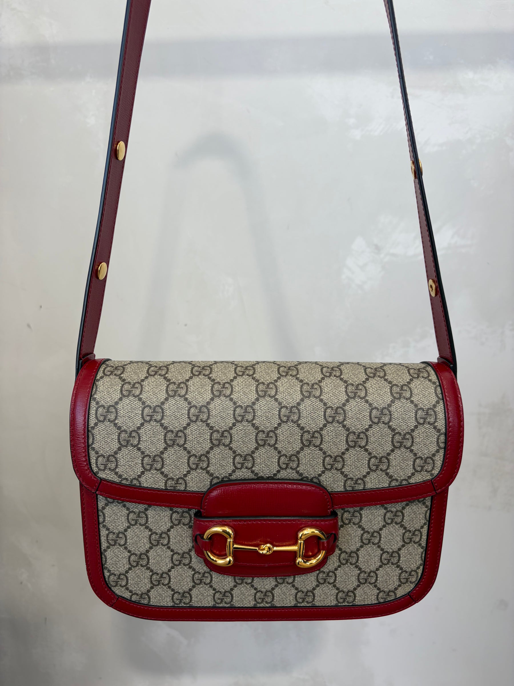 Gucci Coated Canvas Monogram and Red Leather 1955 Horsebit Shoulder Bag