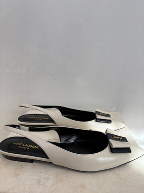 Saint Laurent Ecru and Navy Leather Pointed Logo Slingback Flats, 40